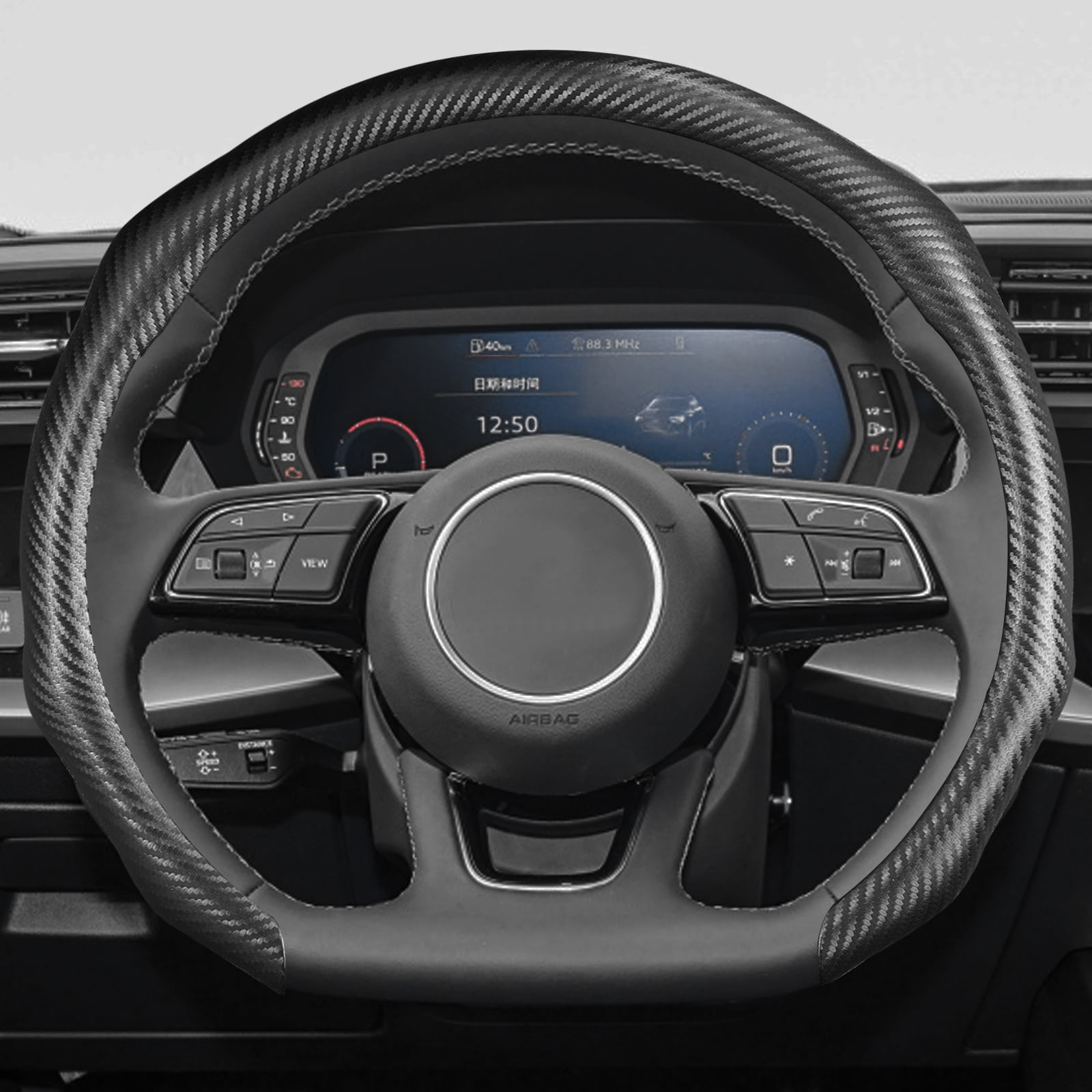 XUKEY Car Steering Wheel Cover Carbon Fiber Non-Slip for 14.5" To 15.5" O/D Type Universal for Honda Civic Accord CR-V