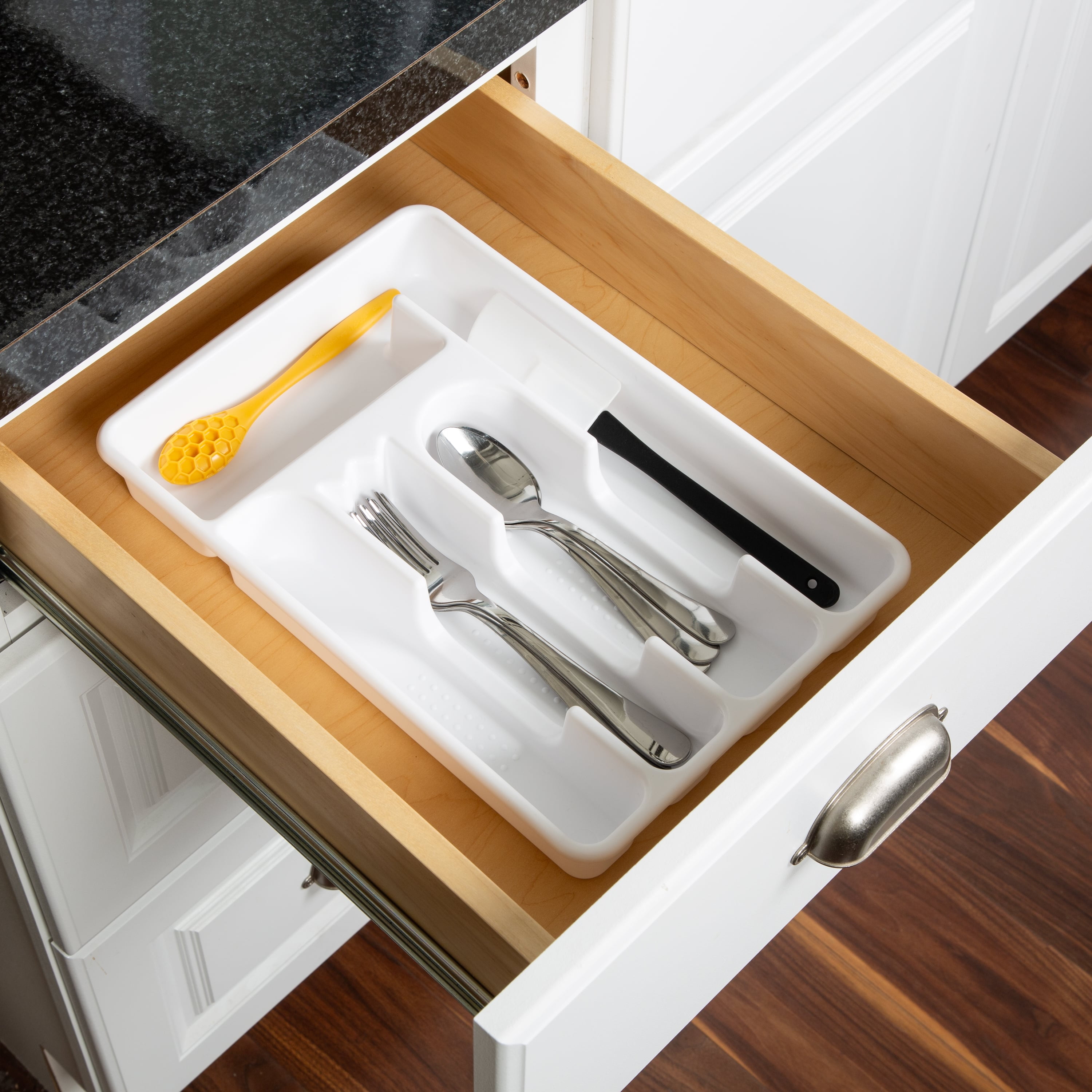 (12 pack) Mainstays Plastic 5-Compartment Kitchen Drawer Organizer Tray, Silverware and Utensil Organizer for Cutlery and Flatware Storage, White, 9" x 13.5"