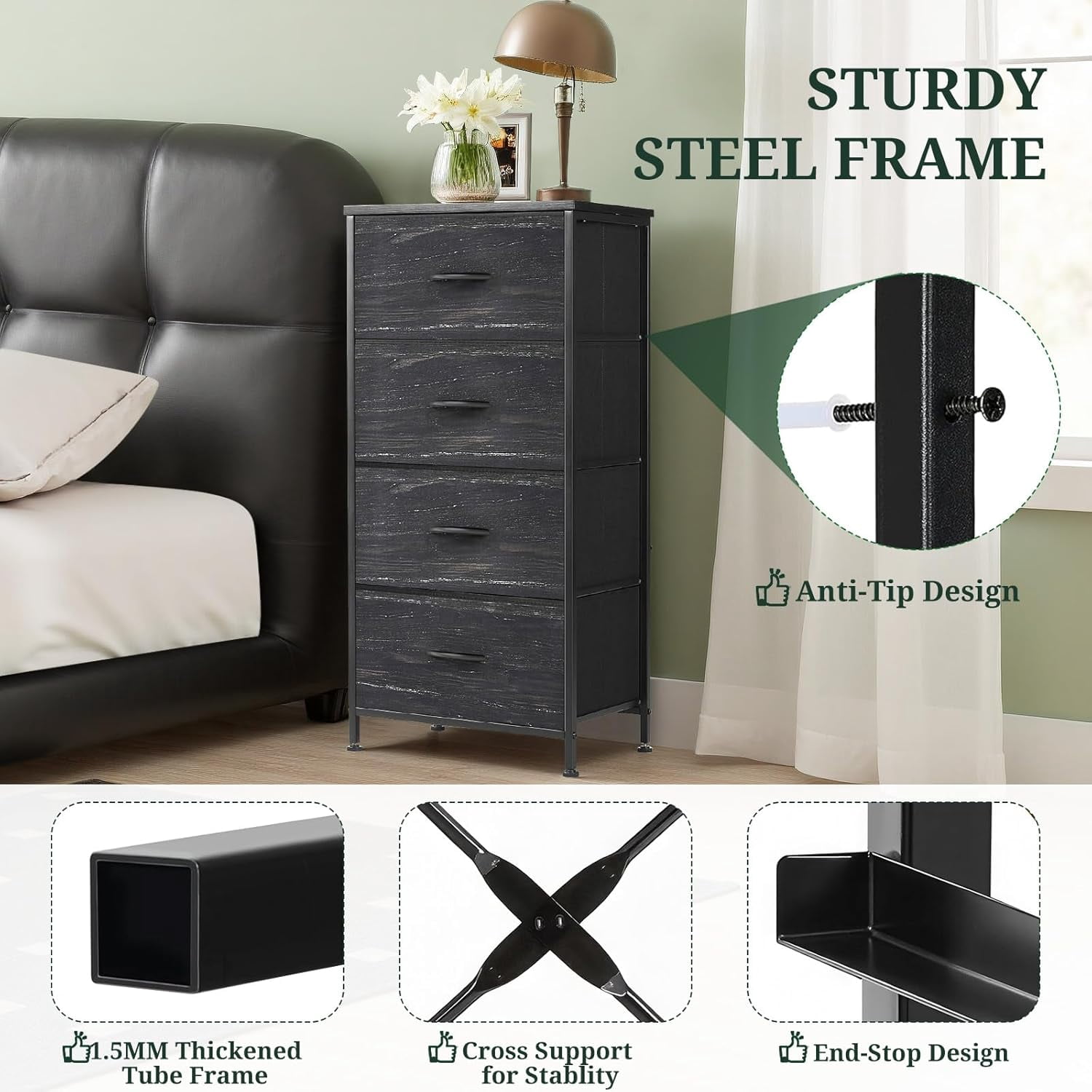 ACCVER Dresser for Bedroom 4 Storage drawer, Fabric Closet Chests Organizer Tower with Wooden Top Metal Frame for Living Room Hallway Entryway, Black Wood