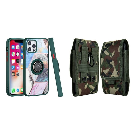 Bemz Ring Series Case for iPhone 14 Plus (TPU Silicone Cover with Magnetic Stand) and Vertical Rugged Nylon Belt Holster Pouch (Green on Galaxy Marble/Green Camo)