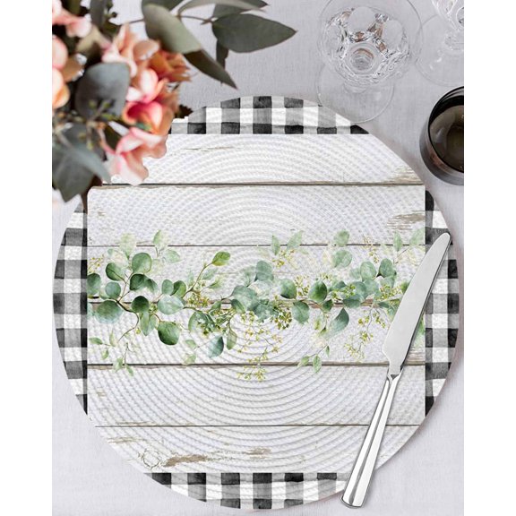 15 Inch Round Placemats Set of 6, Green Eucalyptus Leaves Non Slip Heat Insulation PP Table Mats, Vintage Art Farmhouse Wooden Washable Place Mats for Kitchen Dining Party Table Decor
