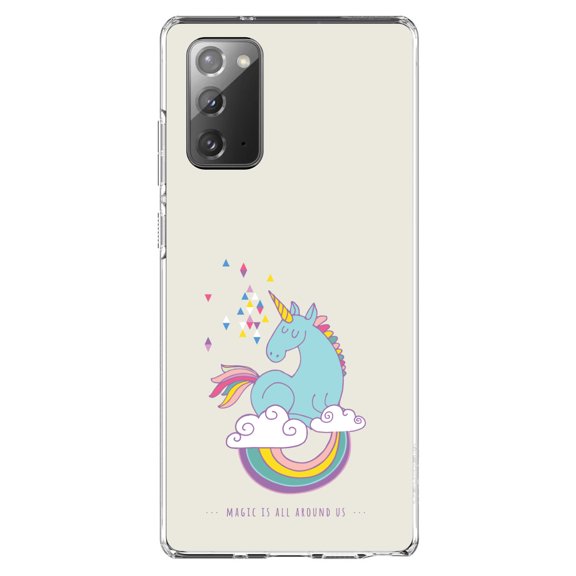 DistinctInk Clear Shockproof Hybrid Case for Samsung Galaxy Note 20 (6.7" Screen) - TPU Bumper, Acrylic Back, Tempered Glass Screen Protector - Unicorn Rainbow - Magic Is All Around Us