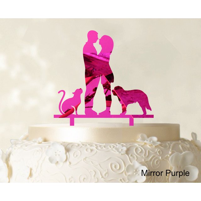 Couple Wedding Cake Topper With Pets Silhouette Wedding Topper Cake Decorations Color Option Available 6.5-7.5 Inches Wide