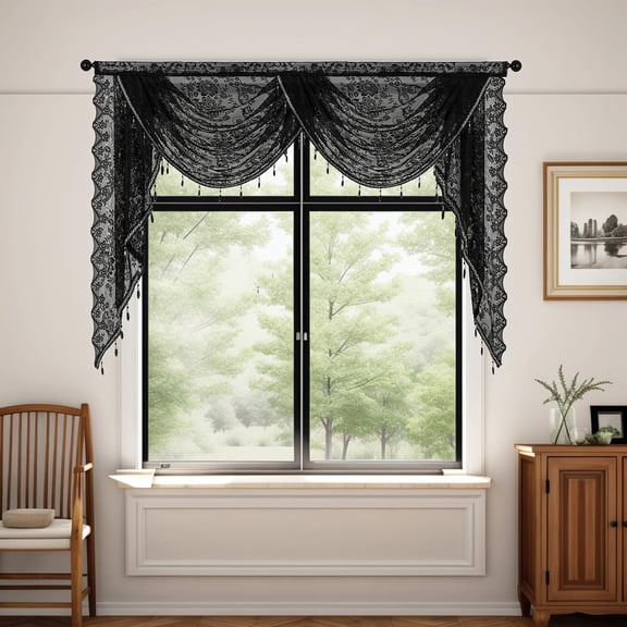 XmhyTop-A Black Window Valance 150x105cm, 1 Piece Bead Tassels Floral Semi Sheer Rod Pocket Valance Curtains, Decorative Lace Valance for Home