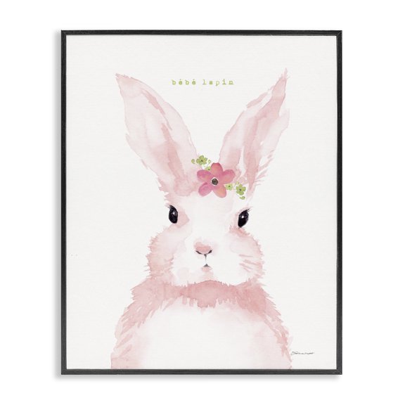 Stupell Industries Cottage Baby Lapin French Pink Watercolor Bunny with Flower Black Framed Giclee Art, 11 x 14, by Stephanie Workman Marrott