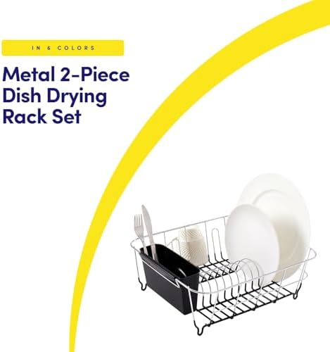 2 Piece Dish Drying Rack Set Drainer with Utensil Holder Simple Easy to Use Fits in Most Sinks, 14.5" x 13" x 5.25", Black