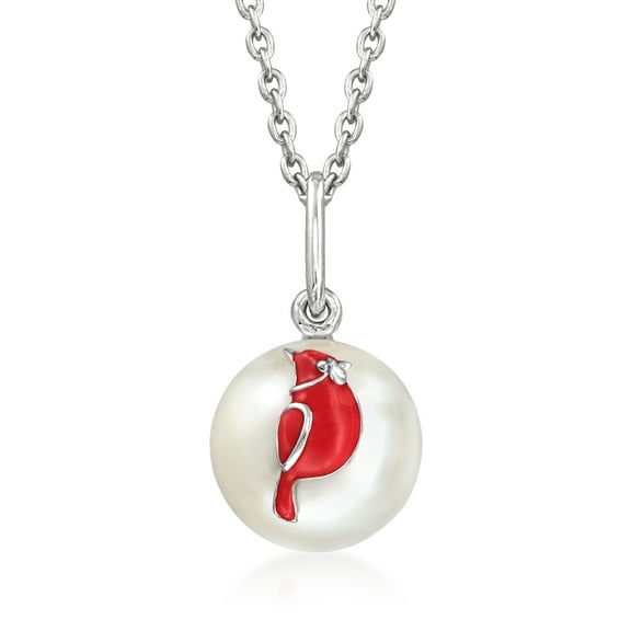 Ross-Simons 8.5-9mm Cultured Pearl and Red Enamel Cardinal Pendant Necklace in Sterling Silver, Women's, Adult
