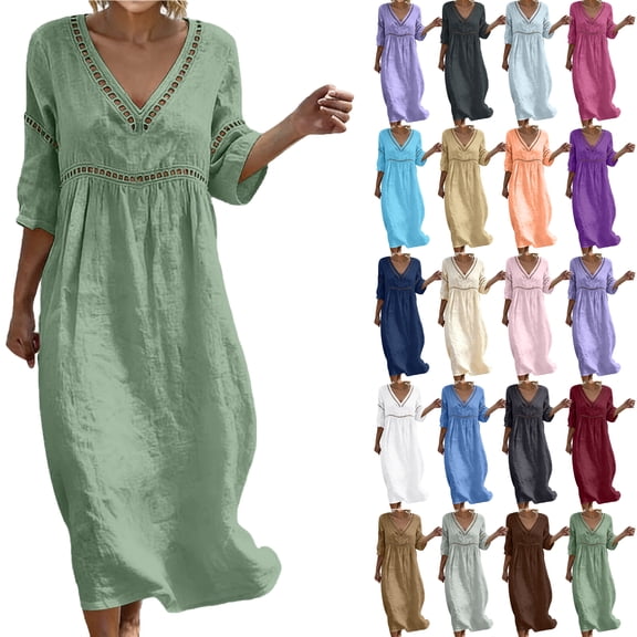 Summer Dresses for Women Plus Size V-Neck Short Dress Summer Fashion Solid Color Short Sleeve Above Knee Ruffle Dress Women's Loose-Fit Casual Swing Dress