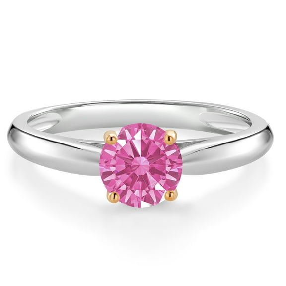 Gem Stone King 925 Sterling Silver with 10K Yellow Gold Pink Zirconia Solitaire Engagement Ring for Women (0.84 Cttw, Gemstone Birthstone, Round 6MM, Available in Size 5, 6, 7, 8, 9)