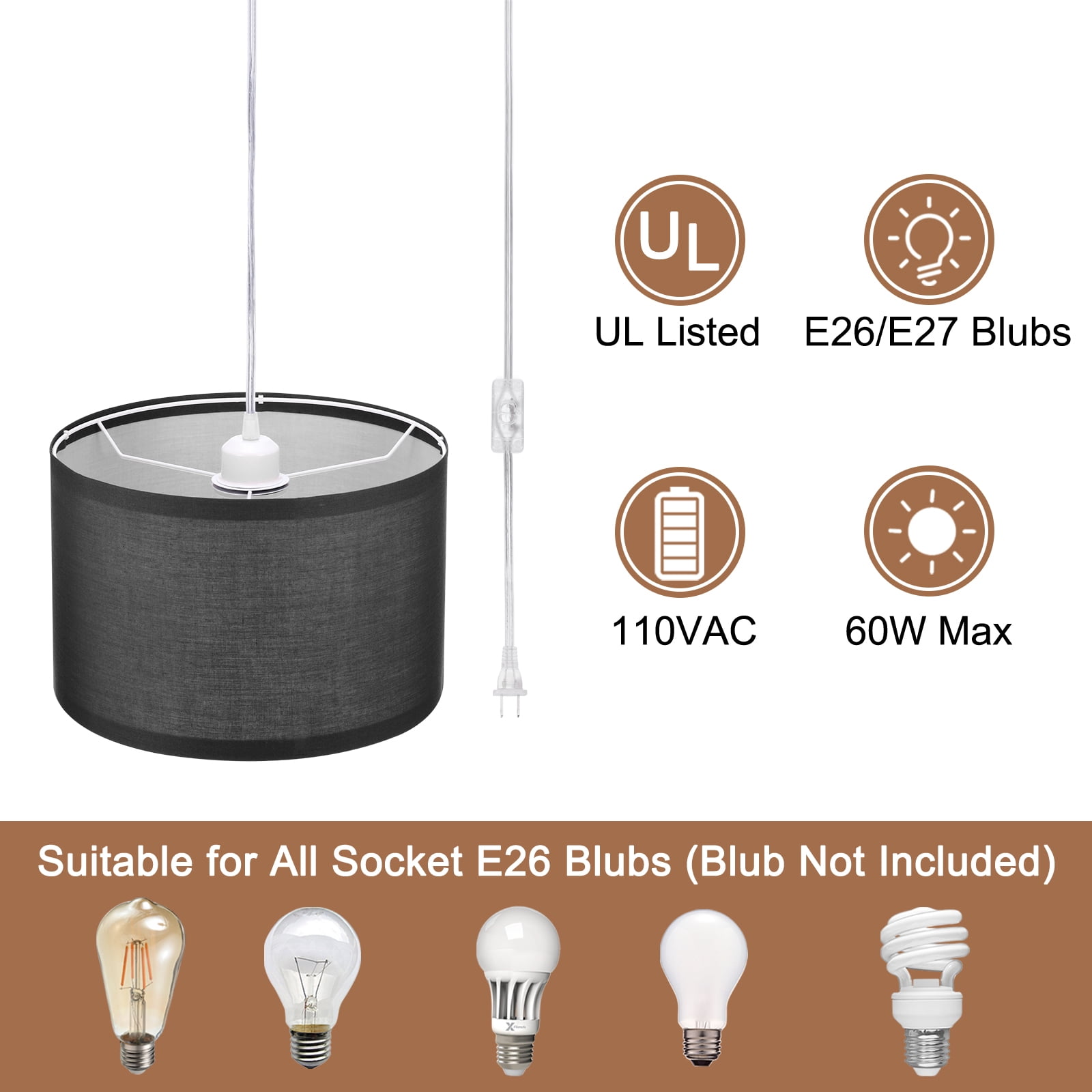 Uxcell Plug in Pendant Light, 2 Pack 15Ft Rope Cord Hanging Lamp Fixture for Bedroom Kitchen Living Room, Black