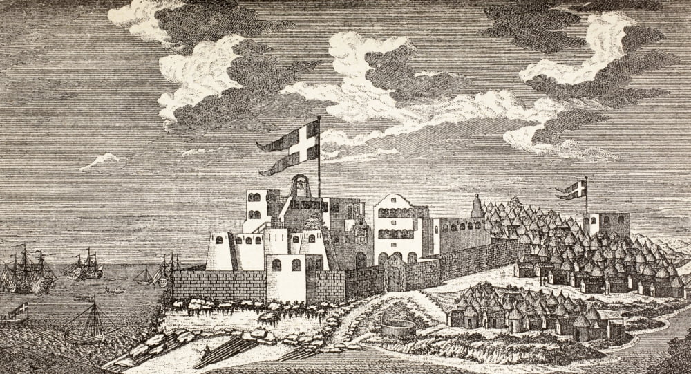 Danish Colonial Fort Fort Christiansborg Now Osu Castle Accra Ghana As It Was In 1760 The Outpost To The Right Is Fort Provestenen From Afrika Dets Opdagelse Erobring Og Kolonisation Published In Cope