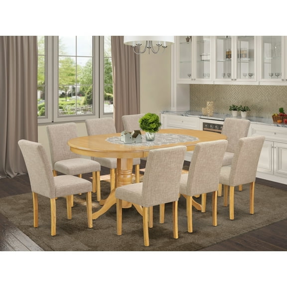 French Country Kitchen Dining Set - 9 Piece Table & Chair Set with Leaf, Oak Legs, Linen Fabric