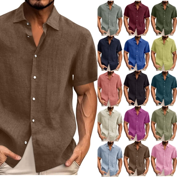 Mlkoz Linen Shirts for Men Collared Short Sleeve Casual Button Up Shirt Solid Color Beach Vacation Shirts with Pocket Summer Tops