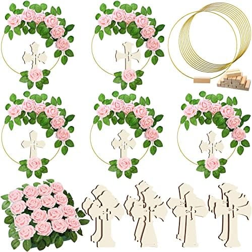 40 Pcs Baptism Table Centerpieces Decoration First Communion Wreath with 8 Gold Metal Floral Hoop Rings 8 Standing Wooden Cross and 24 Fake Roses Stems for Wedding Decor(Pink)