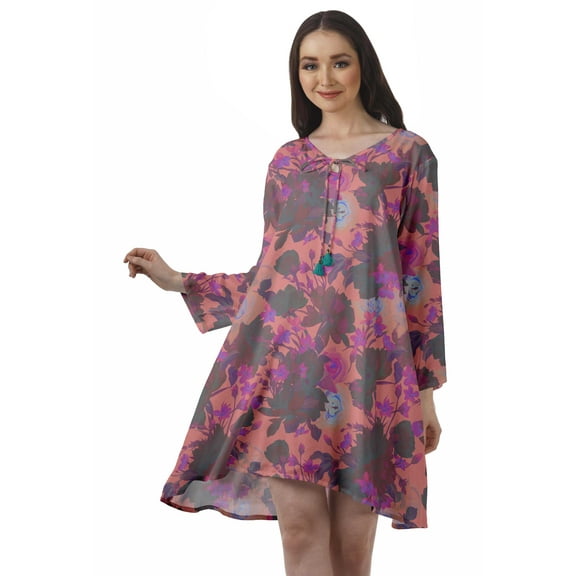 Moomaya Rayon Flared Dress For Womens Long Sleeve Printed V-Neck Casual Beach Dress For Girls