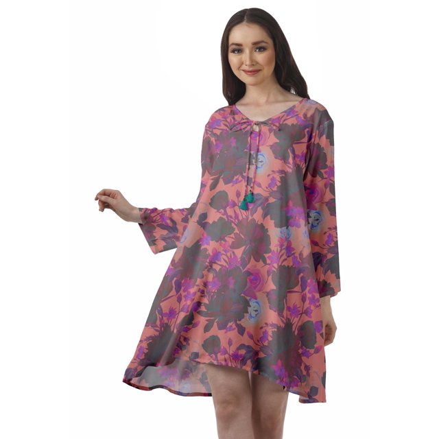 Moomaya Robe Évasée en Rayonne pour Femmes Manches Longues Imprimée Col en V Décontractée Robe de Plage pour Filles