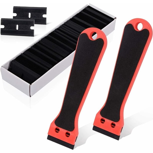 Plastic Scraper with 100 Scrapers, Long Handle Scrapers, for Removing Labels, Glue, Paint, Stickers and Decals, Red