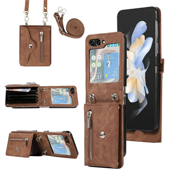 Phone Case for Samsung Galaxy Z Flip 5 5G Wallet Cover with Shoulder Crossbody Strap Lanyard Credit Slot Card Holder Stand Leather Mobile Cell Accessories ZFlip5 Z5 Flip5 Women Men Girls Brown