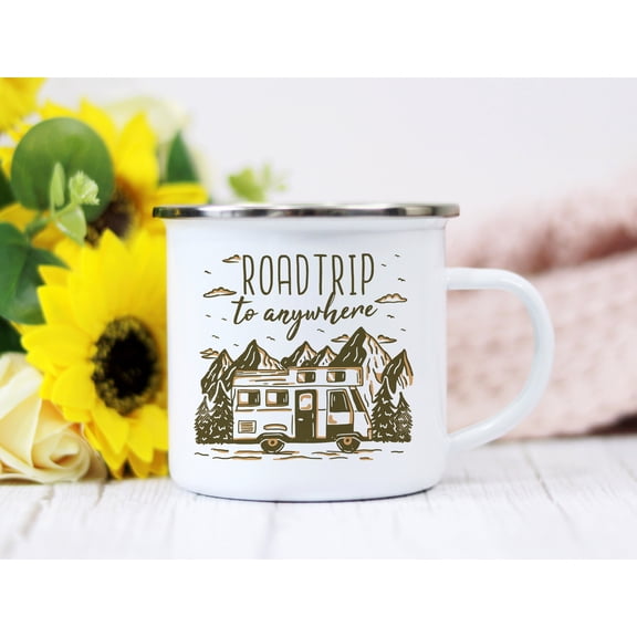 Road Trip Campervan Mug, Adventure Seeker Enamel Mug