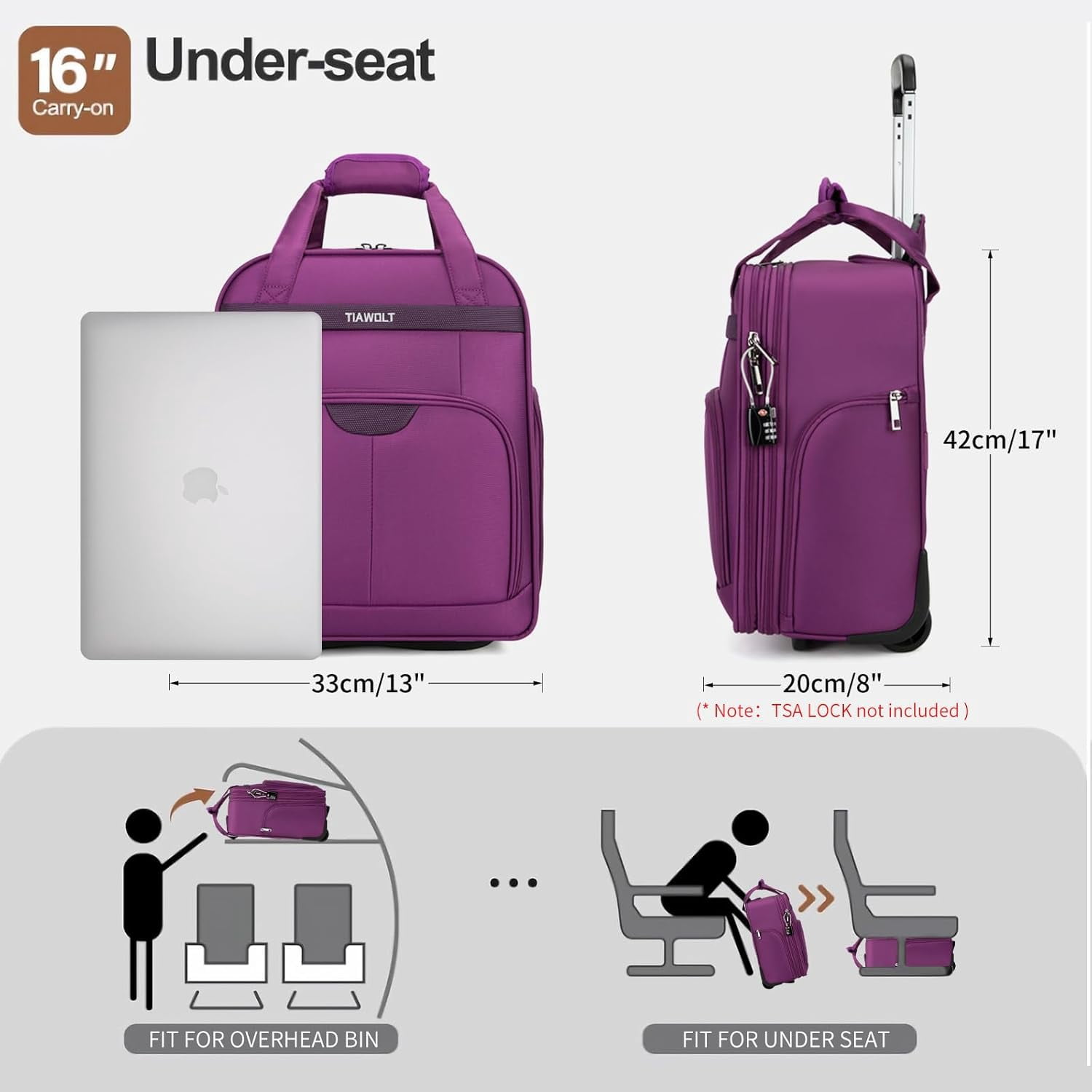 TIAWOLT Underseat Carry on Luggage with Wheels,16-inch Airline Approved Personal Item Stylish Softside Underseater Suitcases with Wet/Dry Pockets,Overnight Rolling Carry-on Bag for Short Trip, Purple