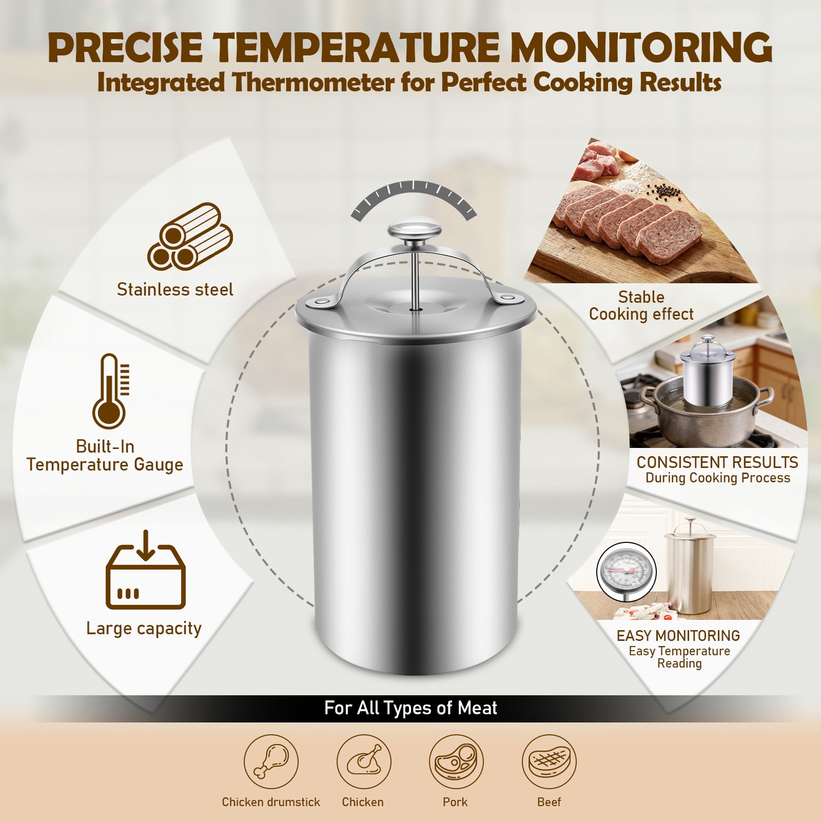 Stainless Steel Meat Press with Thermometer Spring Durable Mechanism Meat Press Mold for Homemade Ham Maker for Healthy Home Cooking Beginner Friendly Silver