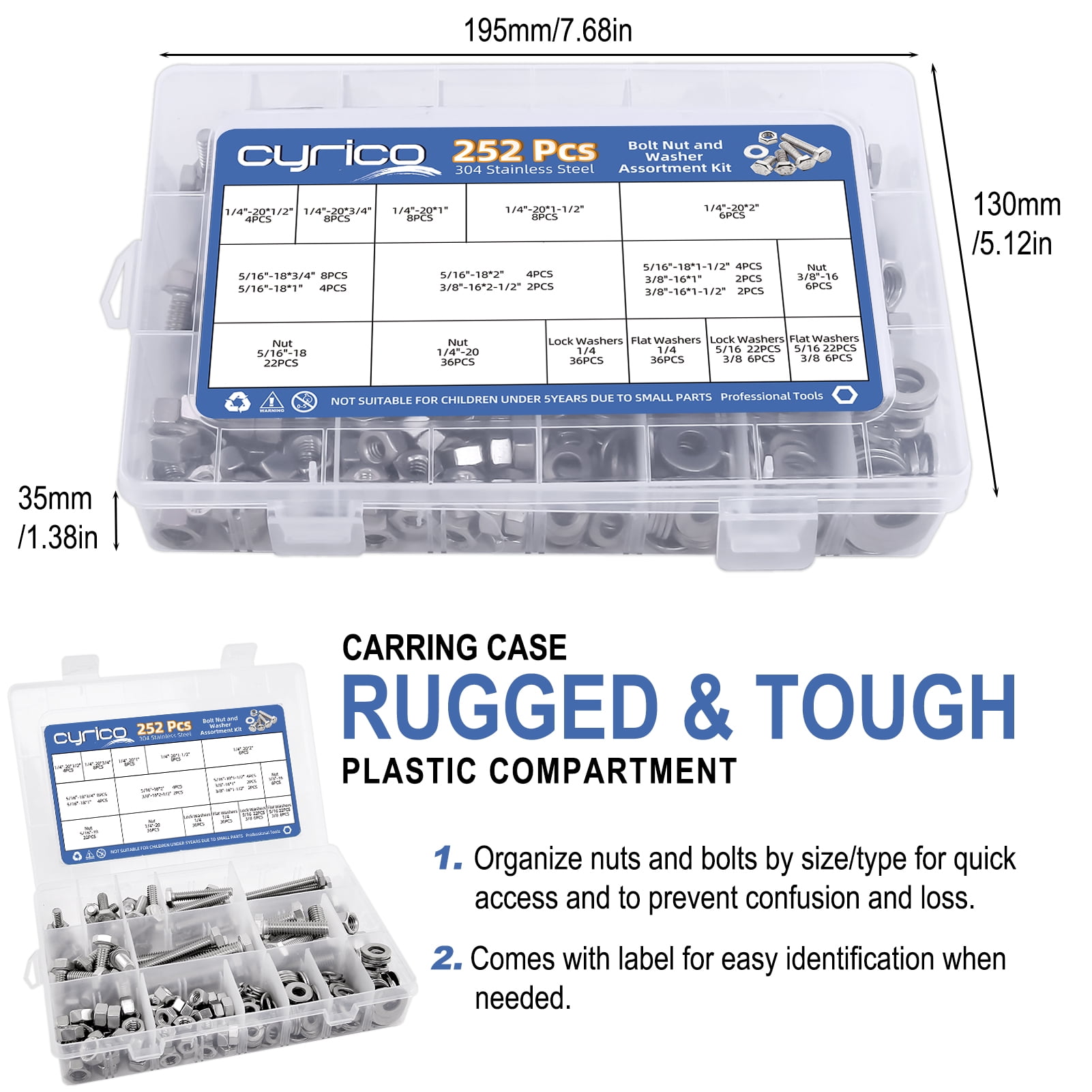 cyrico 252 Pcs Nuts and Bolts Assortment Kit, 304 Stainless Steel Hex Bolts and Nuts Washers Kit, 12 Size 1/4-20 5/16-18 3/8-16 Machine Screw Set Full Thread with Storage Case