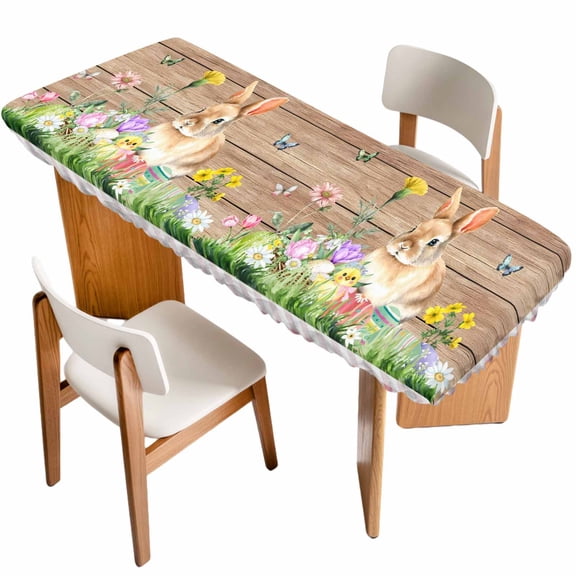 Happy Easter Bunny Table Cloths for 8 Foot Rectangle Tables, Spring Floral Wooden Pink Plaid Patio Waterproof Elastic Fitted Tablecloths, Washable Rectangular Table Cover for Camping