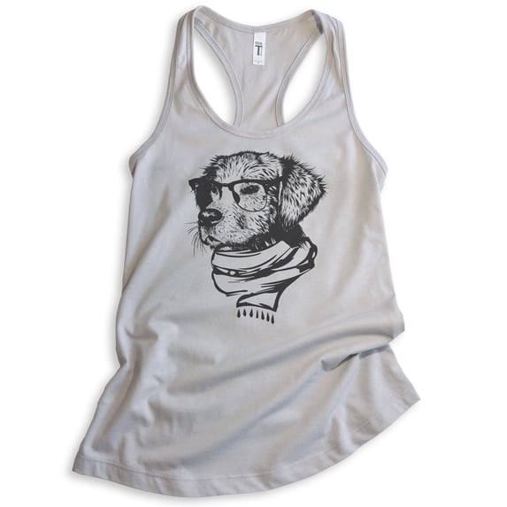 Hipster Dog Tank Top, Ladies Racerback Tank Top, Dog Lover Tank, Dog Tank, Dog Glasses Tank, Dog Nerd Tank, Silver Gray, X-Large