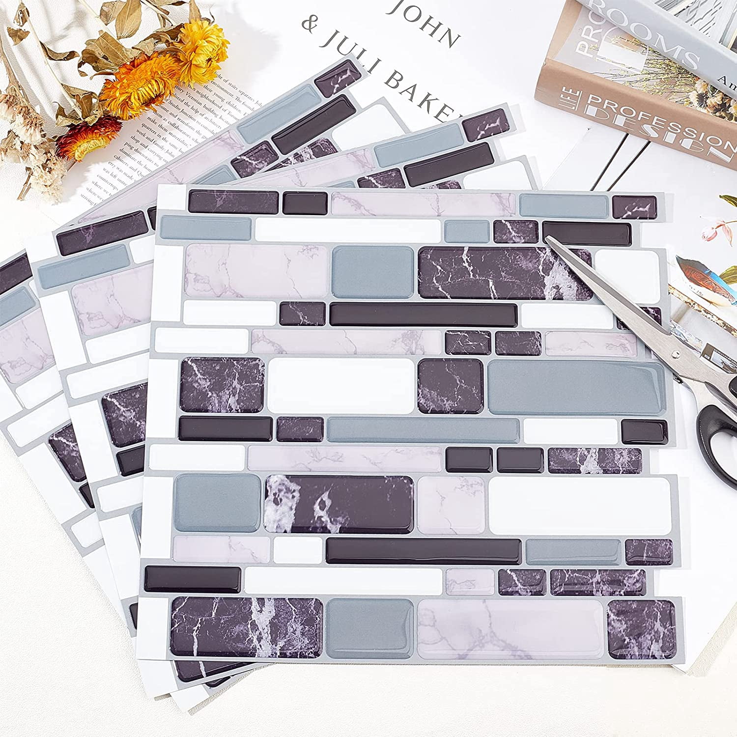 4 Sheets 3D Thick 10.6x10" Square Wallpaper Brick Pattern PVC Wall Panels Mosaic Stick On Kitchen Backsplash