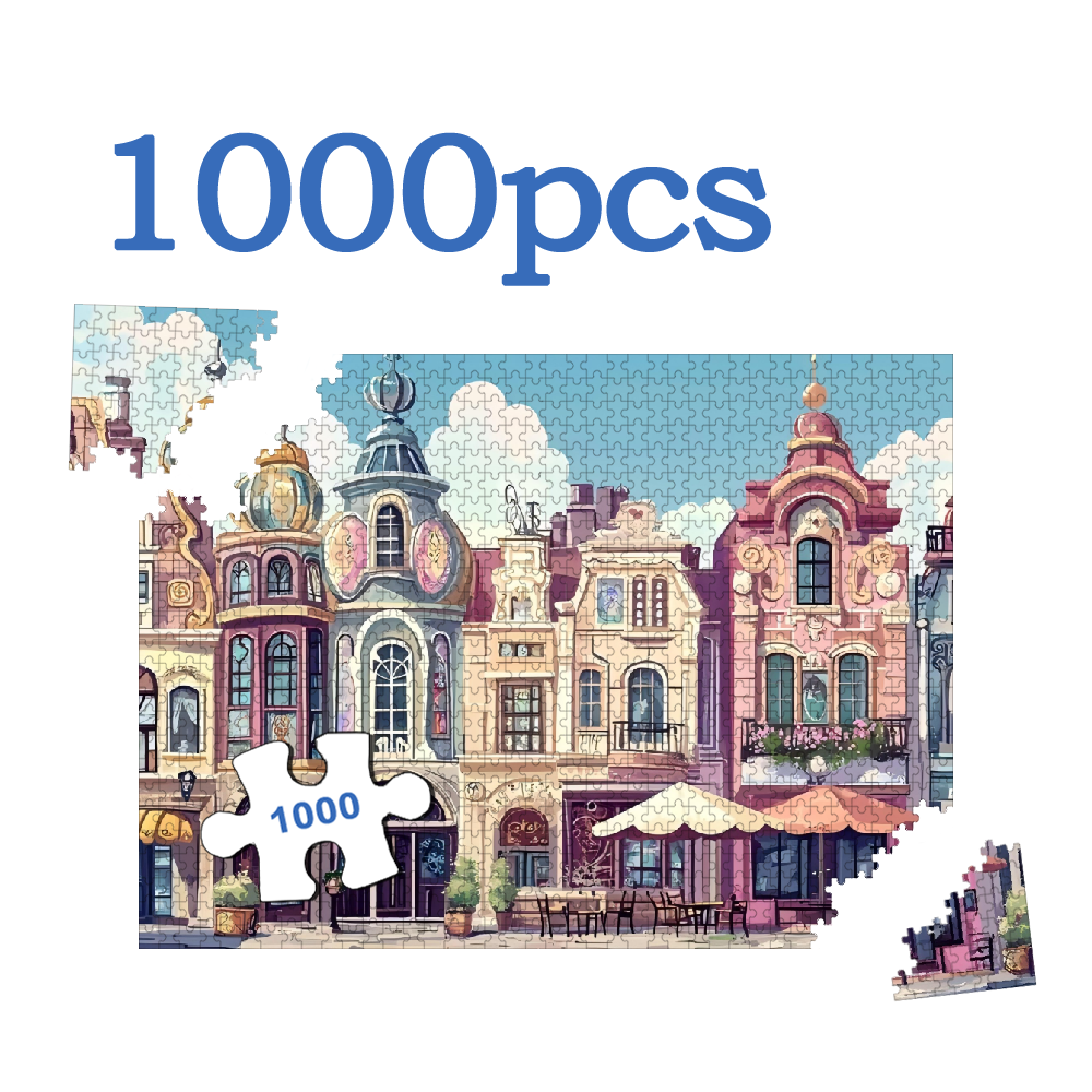 A set of 1000 intricate "colorful European street scenes" jigsaw puzzles, suitable for adults and playable by multiple players.