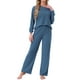 thumbnail image 1 of INSPIRAR CHIC Conjuntos de Pijamas de Punto Acanalado para Mujeres de 2 Piezas, Parte Superior de Manga Larga y Pantalones, Ropa de Dormir, PJs, Conjuntos de Ropa de Estar en Azul Oscuro, 1 of 5