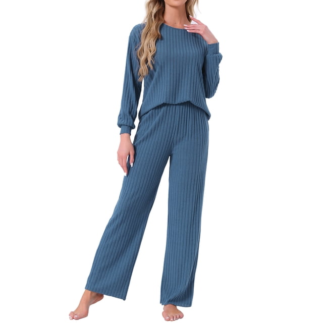 INSPIRAR CHIC Conjuntos de Pijamas de Punto Acanalado para Mujeres de 2 Piezas, Parte Superior de Manga Larga y Pantalones, Ropa de Dormir, PJs, Conjuntos de Ropa de Estar en Azul Oscuro