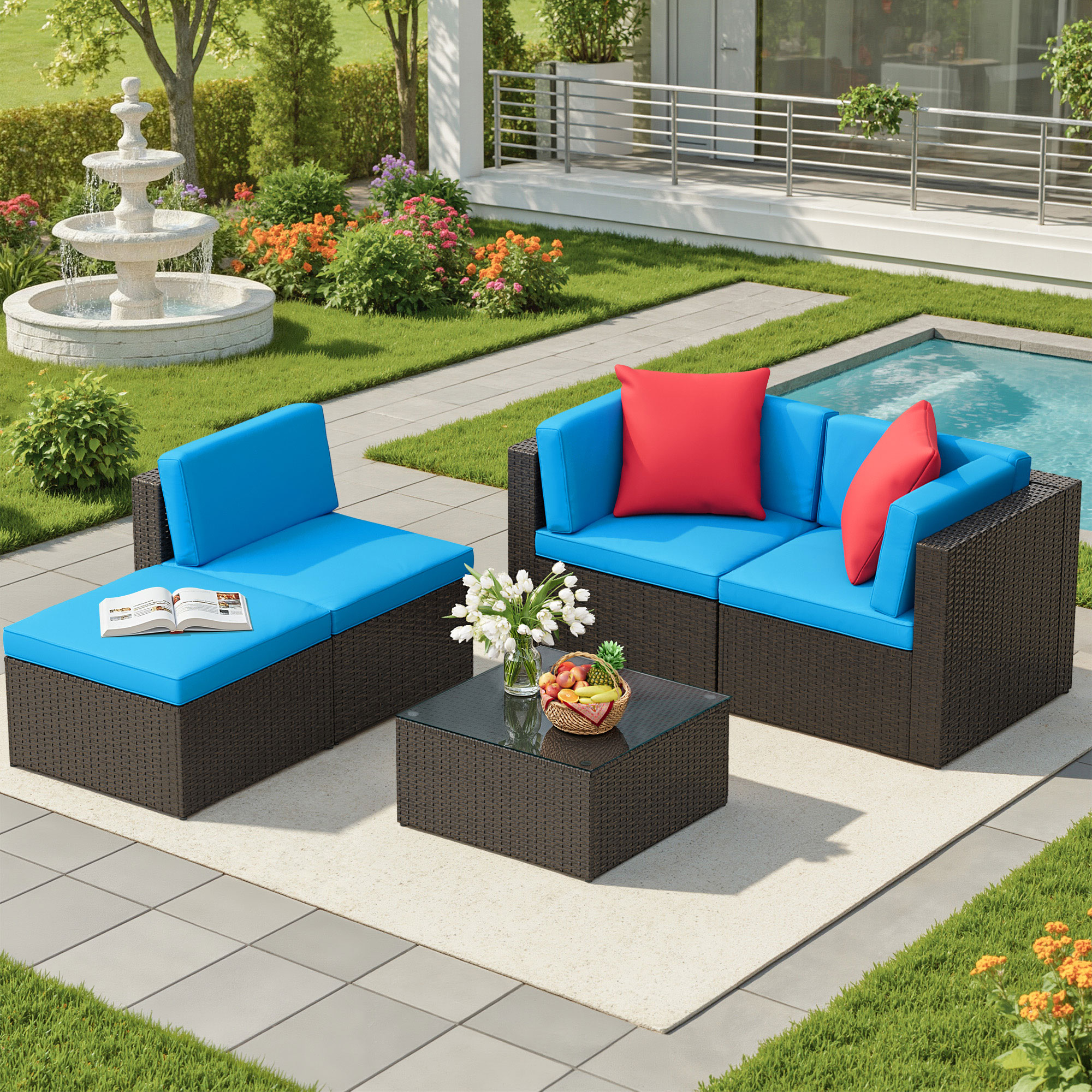 Lacoo 5 PCS Patio Outdoor Furniture Wicker Sectional Sofa with Cushion, Blue