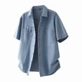 thumbnail image 4 of Men's Oversized Denim Shirt, Short Sleeve Button Jean T-Shirts with Chest Pockets Casual Loose Fitting Tops for Summer Streetwear Light Blue 4XL, 4 of 9