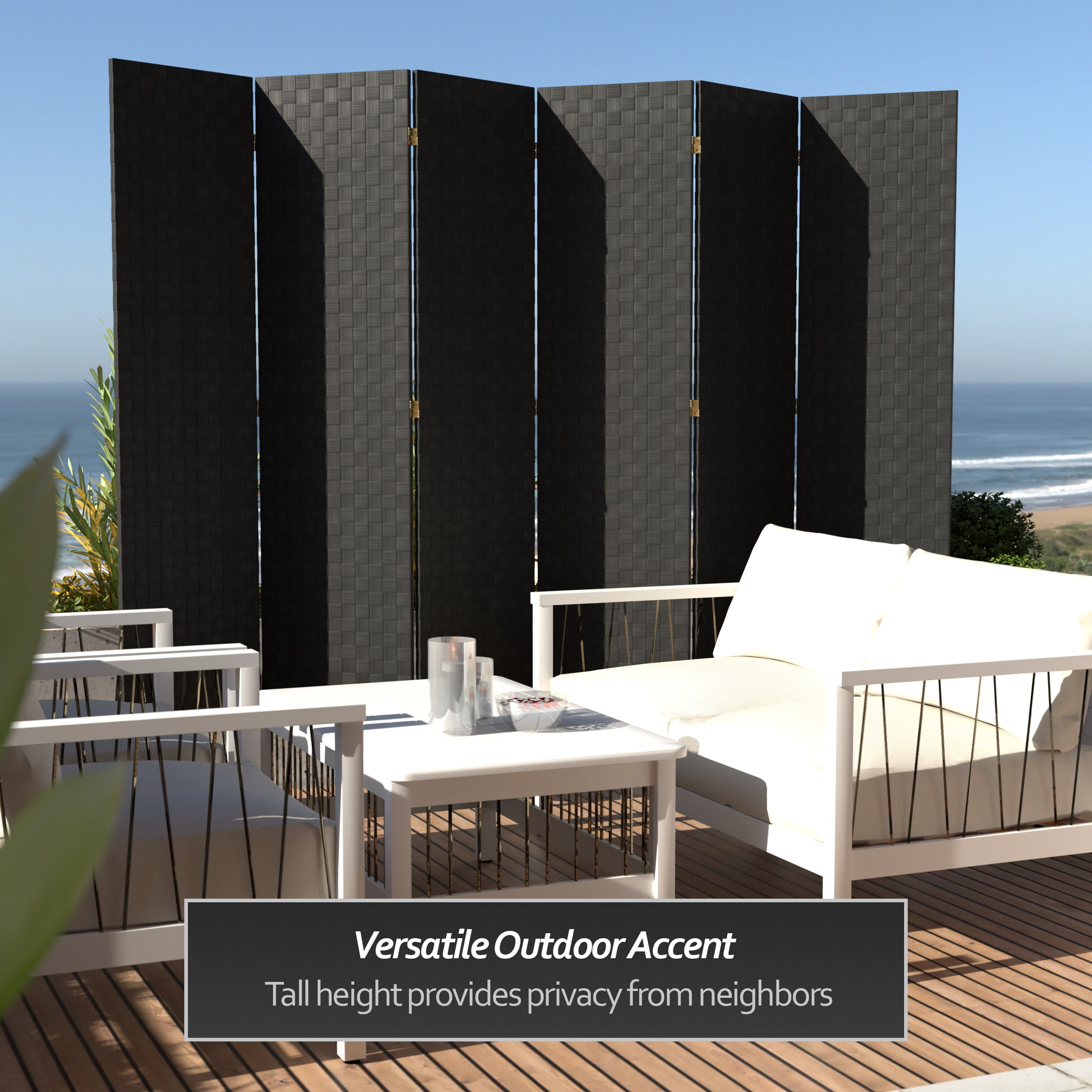 Red Lantern 6 ft. Tall Woven Fiber Outdoor All Weather Room Divider - 6 Panel - Black