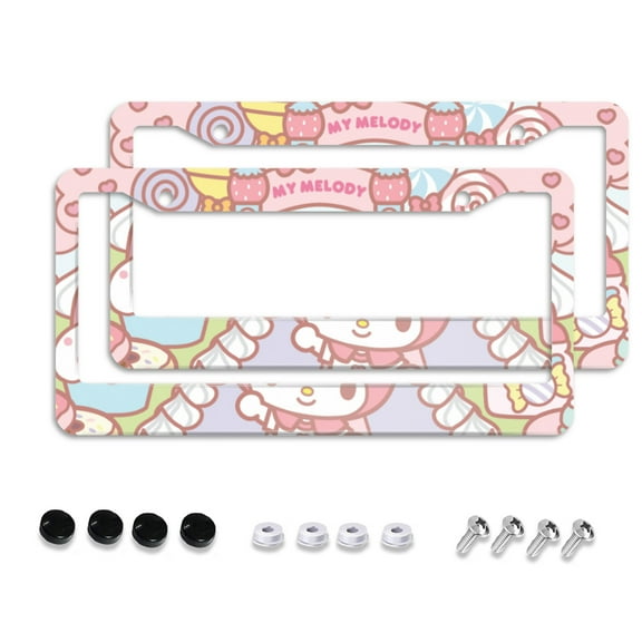 Sanrio My Melody Cartoon Car License Plate Frame 2 Pack, License Plate Cover Bracket Decorative Aluminum License Plate Frame Auto Accessories Unisex 11.8 X 5.9 Inch 2 Holes with Screws