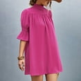thumbnail image 6 of Wycnly Formal Dresses for Women Fashion Lantern Sleeve Smocked Loose Tshirt Mini Sundresses Elbow-Length Half High Neck Solid 2025 Summer Short Dress Hot Pink s, 6 of 7