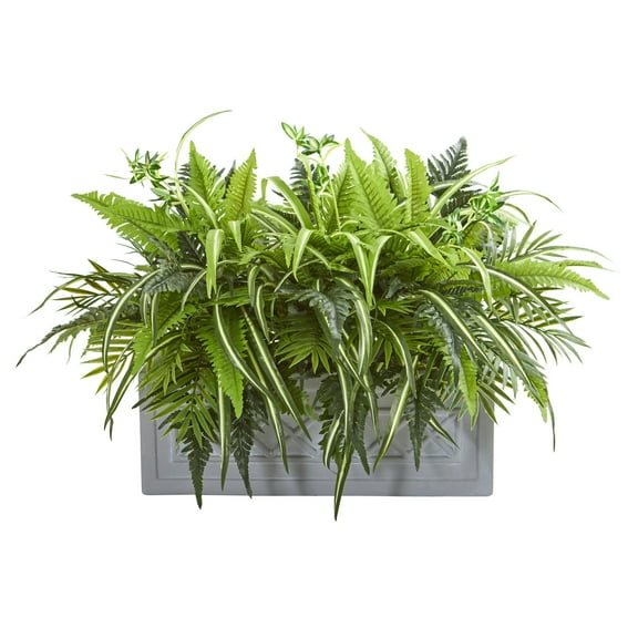 Nearly Natural 22in. Mixed Greens and Fern Artificial in Stone Planter, Green