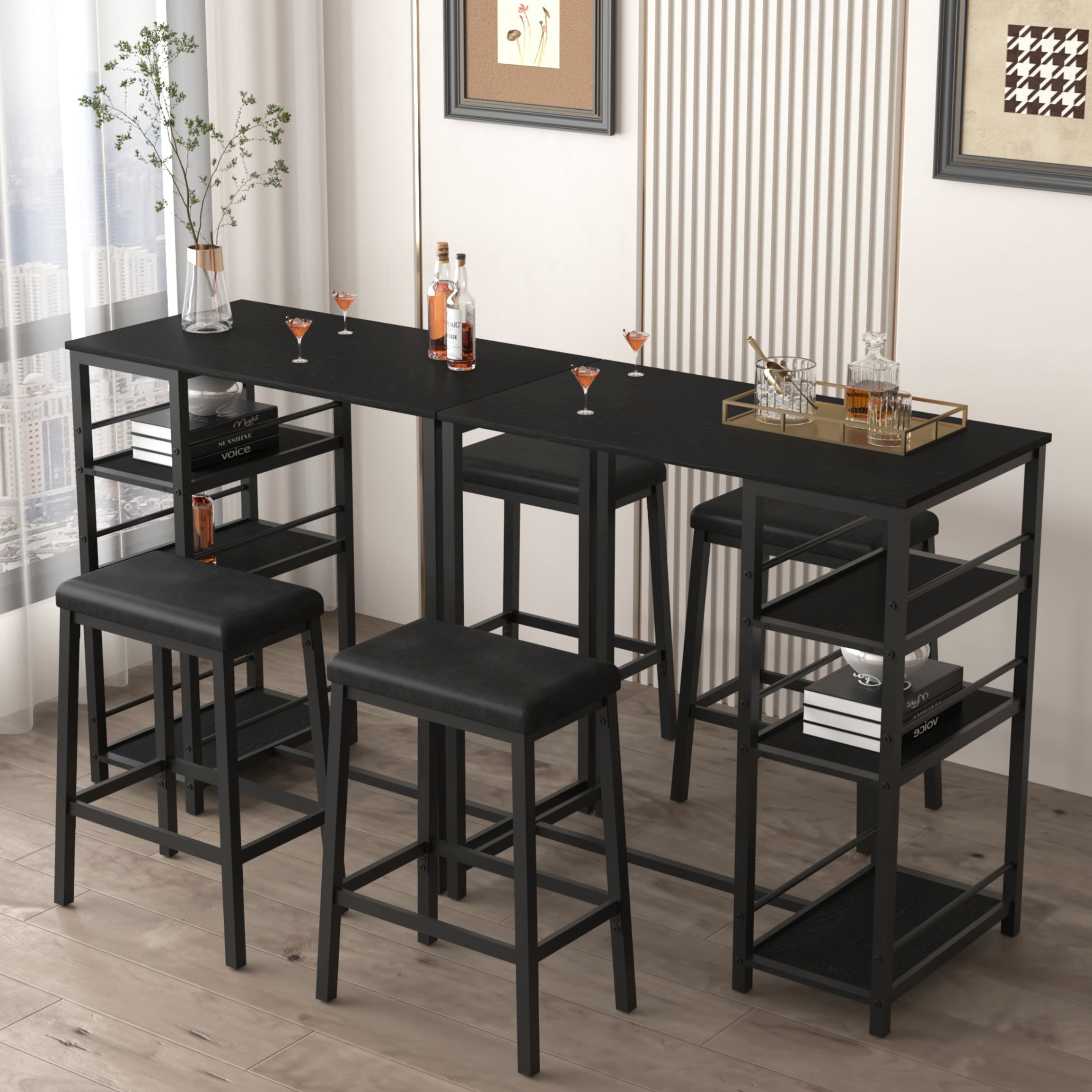 Aukfa Dining Table Set for 2, Kitchen Bar Table Set with Upholstered Stools for Small Space, Black