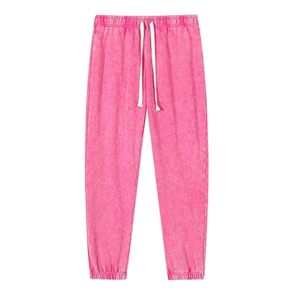 Fankiway Men's Casual Fashion Washed Solid Color Drawstring Elastic Waist Pocket Pants Comfortable Outdoor Wear Hot Pink S