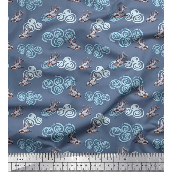 Soimoi Satin Silk Fabric Clouds & Bullfinch Bird Print Fabric by Yard 42 Inch Wide