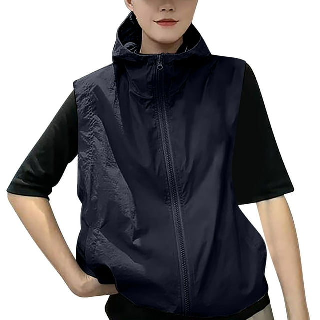 Summer Sun Protection Jacket for Womens UPF 50+ Sleeveless Shirts Front Zipper Spf Jacket Uv Cooling Hoodie Quick Dry Athletic Stretch Uv Spf Camisole Beach Workout Riding Camping Clothes