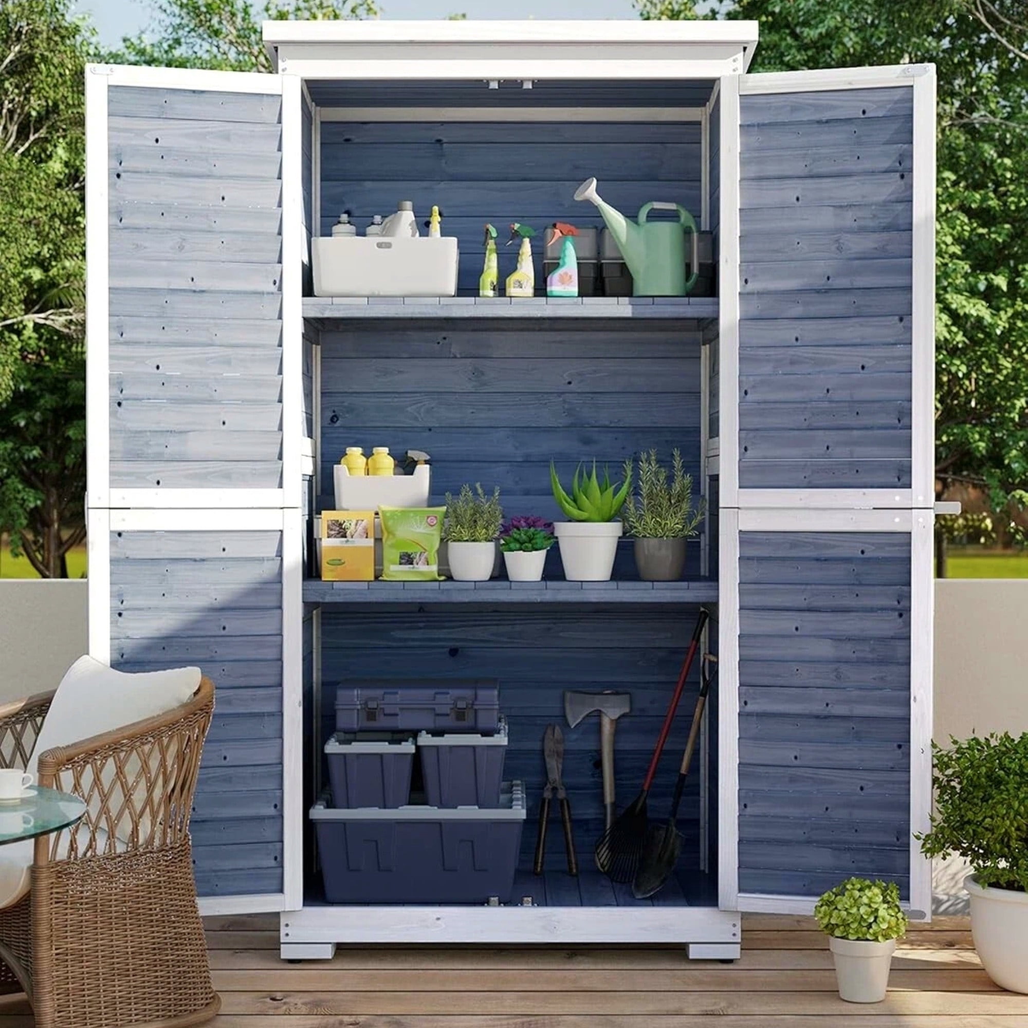 Lofka Outdoor Storage Cabinet with Floor, Vertical Wooden Tool Cabinet with Removable Shelves & Sloped Asphalt Roof for Patio Backyard Garden