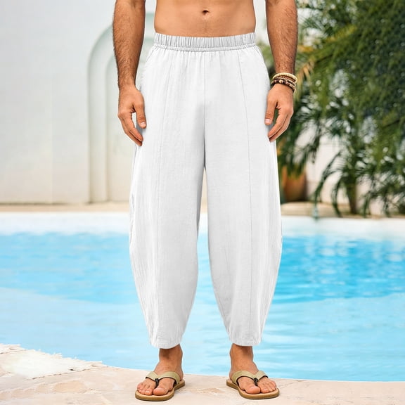 Kalauyu Men's Linen Harem Capri Pants Lightweight Loose 3/4 Shorts Drawstring Elastic Waist Casual Beach Boho Yoga Trousers