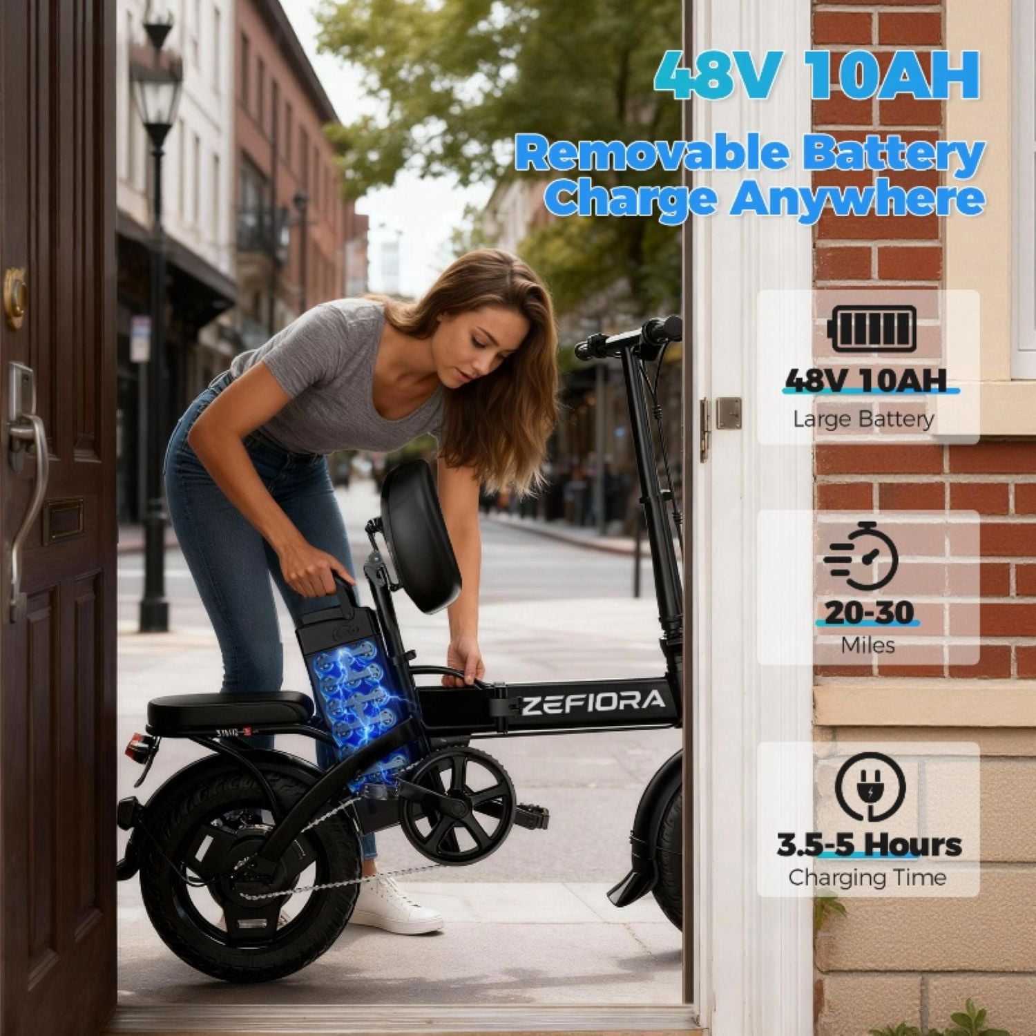 ZEFIORA Folding Electric Bike, 48V 10 Ah Removable Battery, 14" Dual-Seat Mini Electric Bike for Adult City Commuting, UL2849 Certified