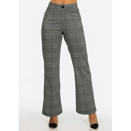Womens Juniors Office Business Work Wear Careerwear High Waisted Charcoal Gray Houndstooth Print Dress Pants 40631U