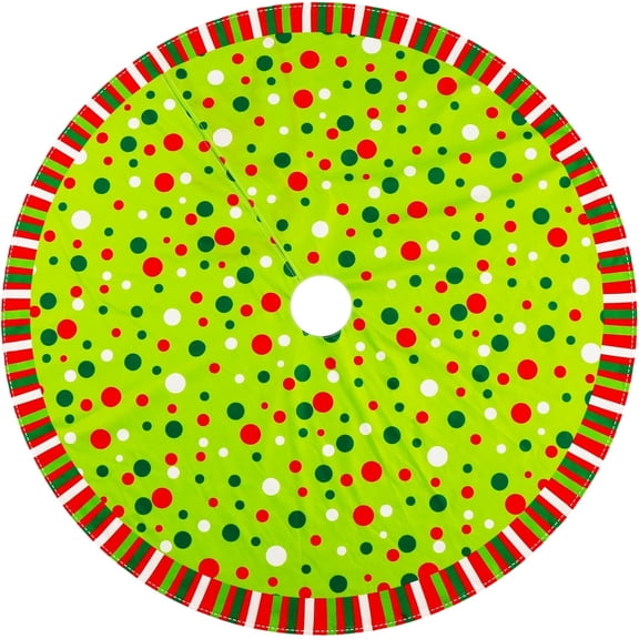 Guvpev Christmas Tree Skirt - 48" Velvet Stripes Trimmed Tree Skirt with Red Green White Polka Dots Design for Holiday Christmas Party Decorations