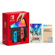 Nintendo Switch 2021 New OLED Model Neon Red and Blue Joy-Con 64GB Console HD Screen and LAN-Port Dock with The Legend of Zelda: Skyward Sword HD and Mytrix Joystick Caps and Screen Protector