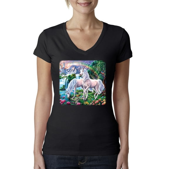 Unicorn Fanstasy Island Castle Animal Lover Female Junior Fit V-Neck Tee, Black, Small
