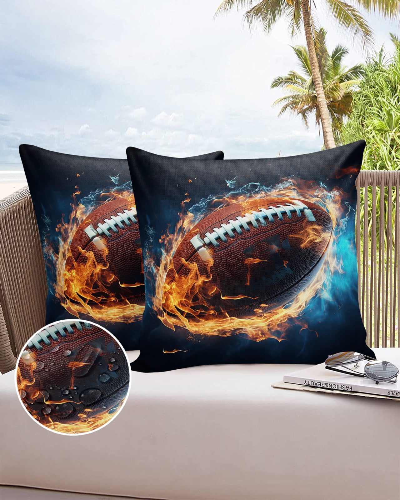 Pack of 2 Outdoor Pillow Covers, Sport Football with Fire Waterproof Square Throw Pillowcase Cushion Decorative Pillow Covers for Couch Patio Tent, 16x16 in